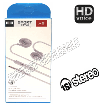A8 Sport Style Stereo Earbuds with Microphone * White