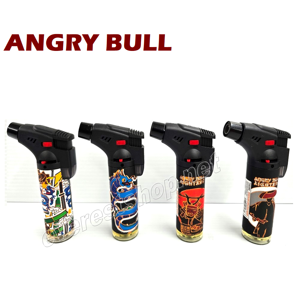 ANGRY BULL TORCH LIGHTER - 02 Angry Bull Big Size Torch Lighters Assorted Prints * Model 2 * 4 pcs - Image 1