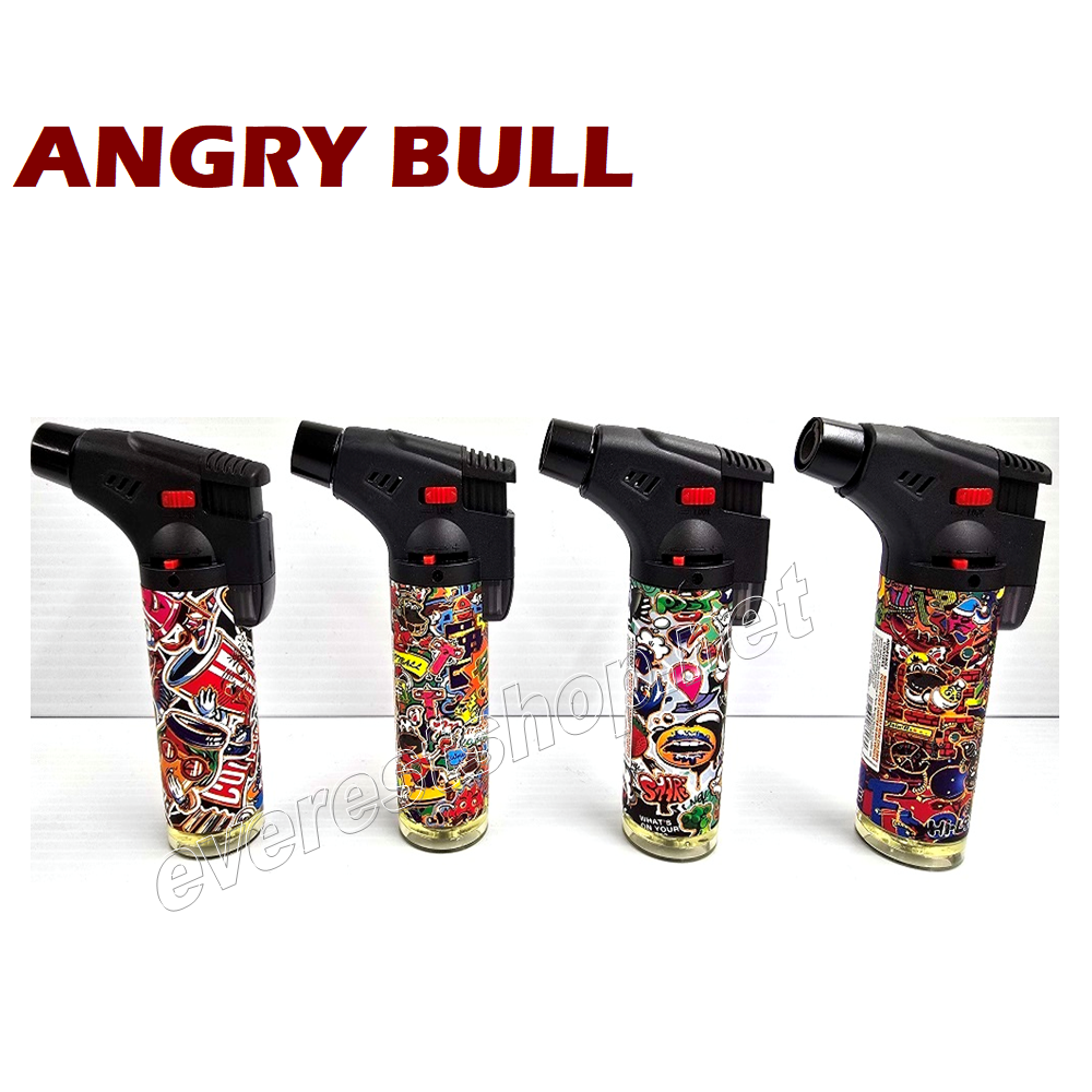 ANGRY BULL TORCH LIGHTER - 03 Angry Bull Big Size Torch Lighters Assorted Prints * Model 3 * 4 pcs - Image 1