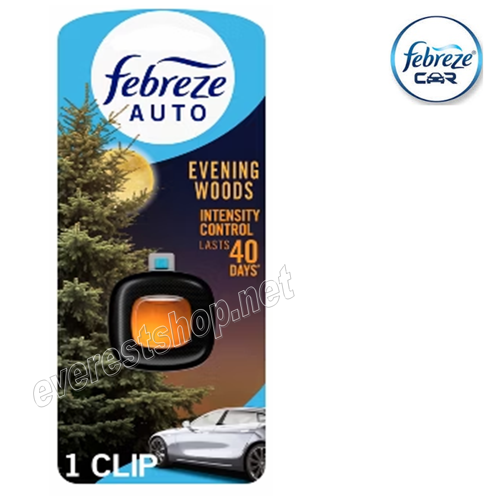 FEBREZE CAR VENT FRESHENER EVENING WOODS Febreze Car Vent Clip With Gain * Evening Woods * 2 ml x 2 pcs - Image 1